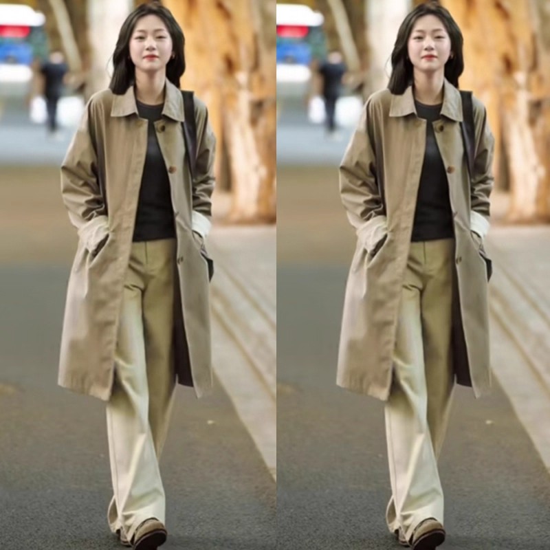 韩版百搭卡其风衣女秋冬气质高级感工装大衣中长款外套~外贸清仓