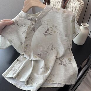 女式旗袍中式印花衬衫夏装复古短袖立领盘扣中国风上衣~折扣