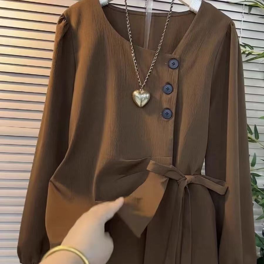 秋季新款上衣女士系带减龄遮肚子显瘦胖mm百搭长袖衬衫~清仓女装