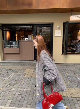 清新黑白小格子棉服女冬季小个子中长款加厚保暖复古夹棉女外套