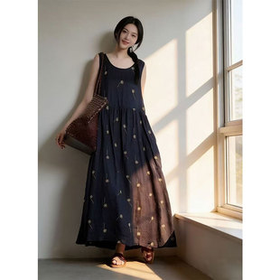 夏季新款加大码宽松气质度假背心长裙休闲印花连衣裙女~清仓特卖