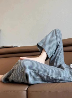 灰色条纹棉麻阔腿裤女