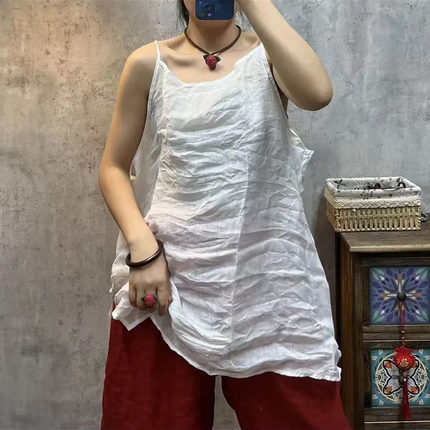 清仓特价~纯色苎麻吊带上衣侧边开衩打底女夏季薄款透气棉麻背心