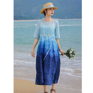 渐变苎麻五分袖连衣裙女士大码夏季文艺复古印花度假裙~清仓尾货