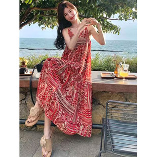红色度假风印花连衣裙女2026夏新款气质松弛感吊带长裙~清仓福利