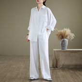 长袖 简约休闲大码 白色翻领衬衫 长裤 清仓福利 春季 两件套 棉麻套装