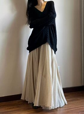 温柔风杏色双层棉麻半身裙女高腰到脚踝长款裙子文艺大摆A字伞裙