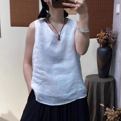 夏季轻薄苎麻双层背心棉麻无袖上衣V领防透亚麻打底内衬~清仓女装