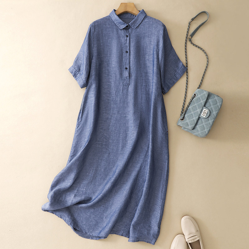 2026夏新款棉麻仿牛仔色织衬衣领口袋连衣裙女士衬衫裙~清仓女装