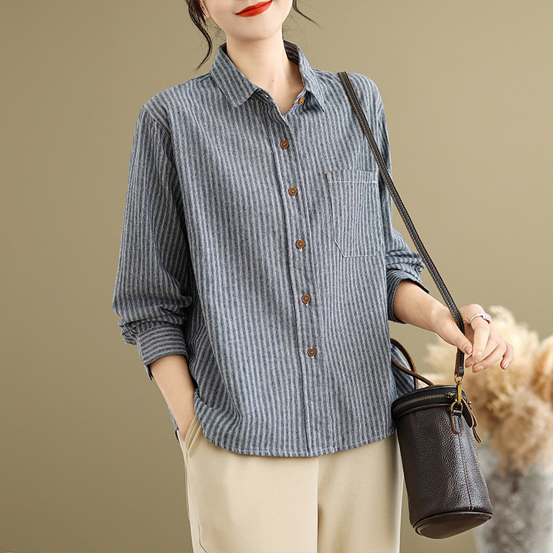 纯棉条纹衬衫女翻领休闲上衣百搭宽松显瘦春季长袖衬衣~清仓女装,女装/女士精品,衬衫,淘宝优惠券,粉丝福利购,淘宝优惠卷