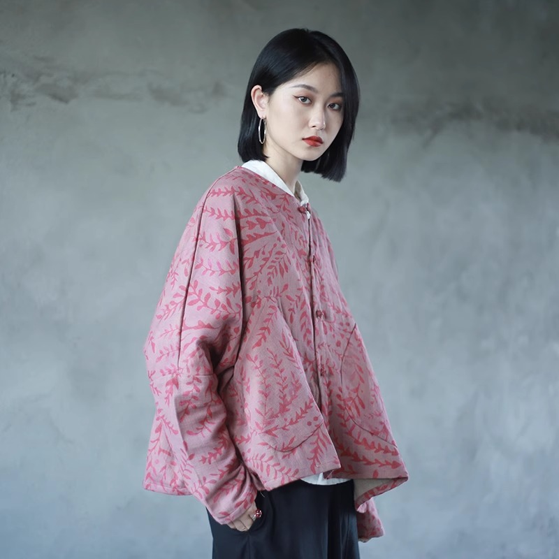 清仓捡漏~印花短外套圆领长袖对襟开衫新中式复古大码撞色上衣女