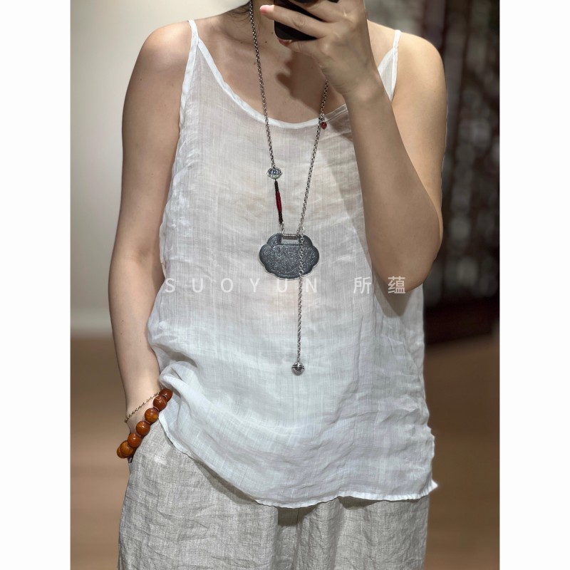 经典百搭纯色亚麻吊带打底衫大码宽松显瘦薄棉麻背心女~反季清仓图片