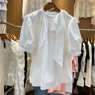 白色衬衣小众蝴蝶结系带圆领短袖衬衫女士夏季气质上衣~外贸