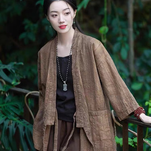 中式棉麻上衣长袖女春季复古斜襟宽松禅意改良汉服外套~清仓折扣