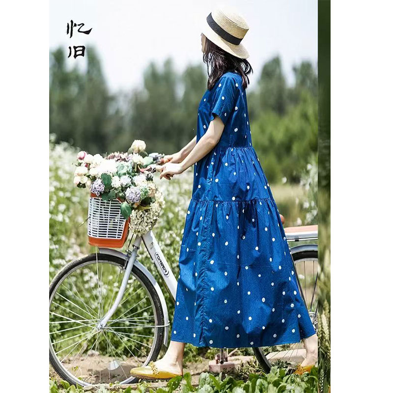 蓝色纯棉印花连衣裙女夏大码