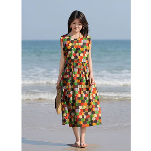 圆领无袖背心彩色波点长裙女夏季复古文艺度假风连衣裙~清仓福利