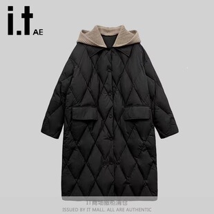 清仓特价 中戏艺考生风衣女长款 过膝外套秋冬高个子连帽羽绒棉服