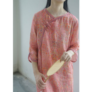 棉麻文艺休闲裙 7分袖 清仓特卖 苎麻连衣裙女士气质妈妈夏薄款 中式