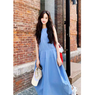 蓝色度假风连衣裙女夏季云南大理洱海旅游无袖背心长裙~外贸清仓