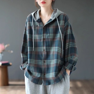 女士格子衬衫胖妈妈宽松大码长袖秋冬保暖加绒连帽外套~清仓现货