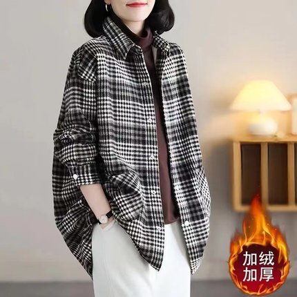 加绒冬季磨毛毛呢格子衬衫长袖女春秋宽松上衣百搭外套~反季清仓