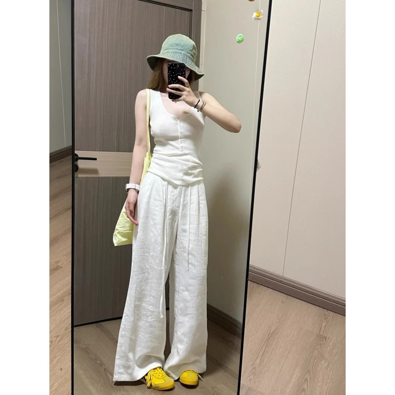 白色苎麻阔腿裤女夏季百搭薄款高腰棉麻裤子直筒休闲裤~清仓福利