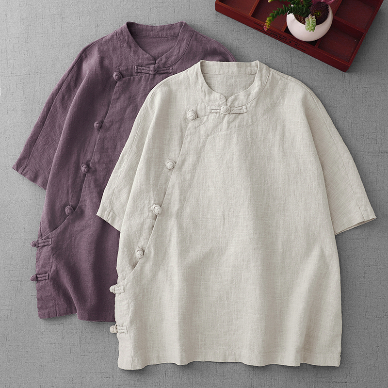 棉麻佛系布衣女禅修服短袖衬衫