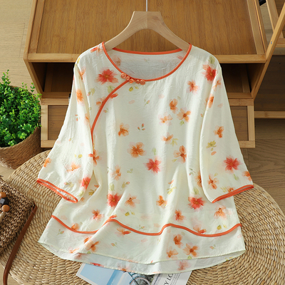 复古民族风棉麻中袖印花衬衣