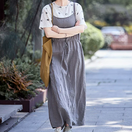 文艺壹旧2026新款【杂想夏款晚风灰亚麻舒适自在日常通勤背带裙女