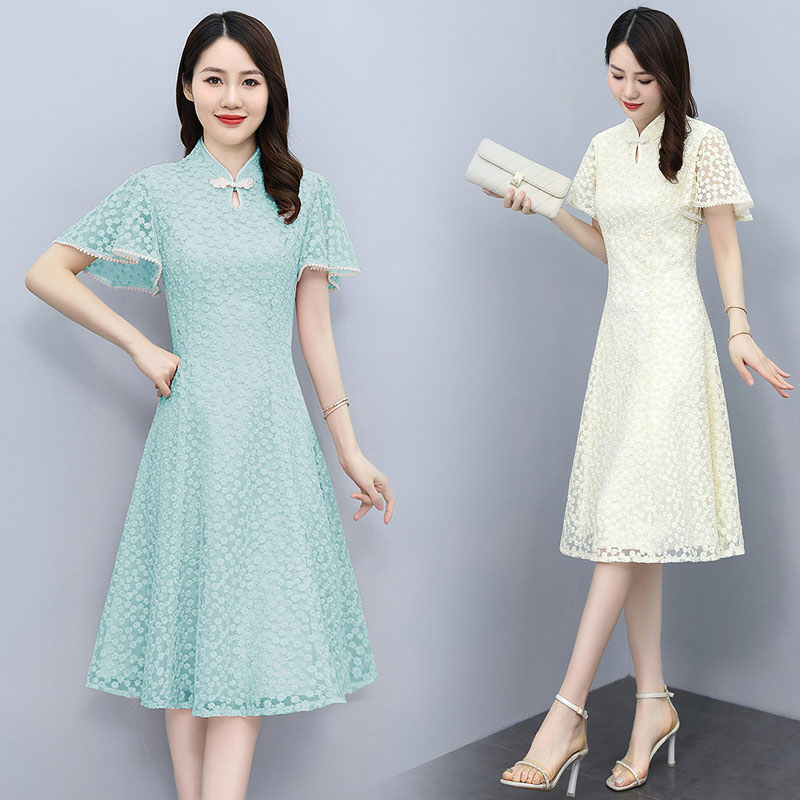 深依度2023夏装新款女装时尚优雅复古旗袍蕾丝连衣裙  81517 FK-W