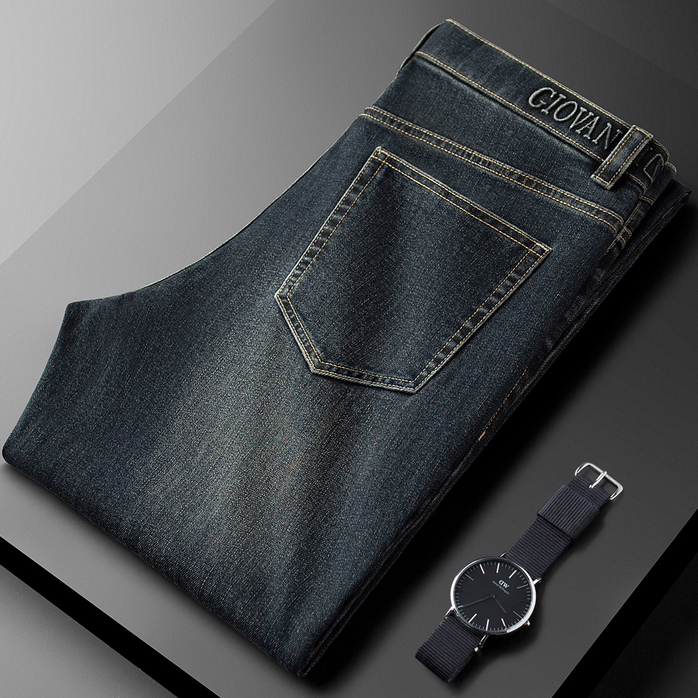 轻奢深蓝色轻商务休闲牛仔裤男修身简约棉质舒适秋冬男士夏直筒裤