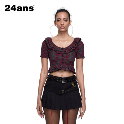 24ans格子花边短袖高腰衬衫
