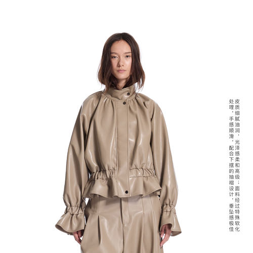 24ANS LTD 朋克grunge皮衣 ⑴高立领防风⑵松紧抽褶⑶叭开衩荷叶