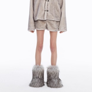 灰 女士套装 棕 可拆雷锋帽仿皮草上衣短裤 秋冬高端设计感 24ans