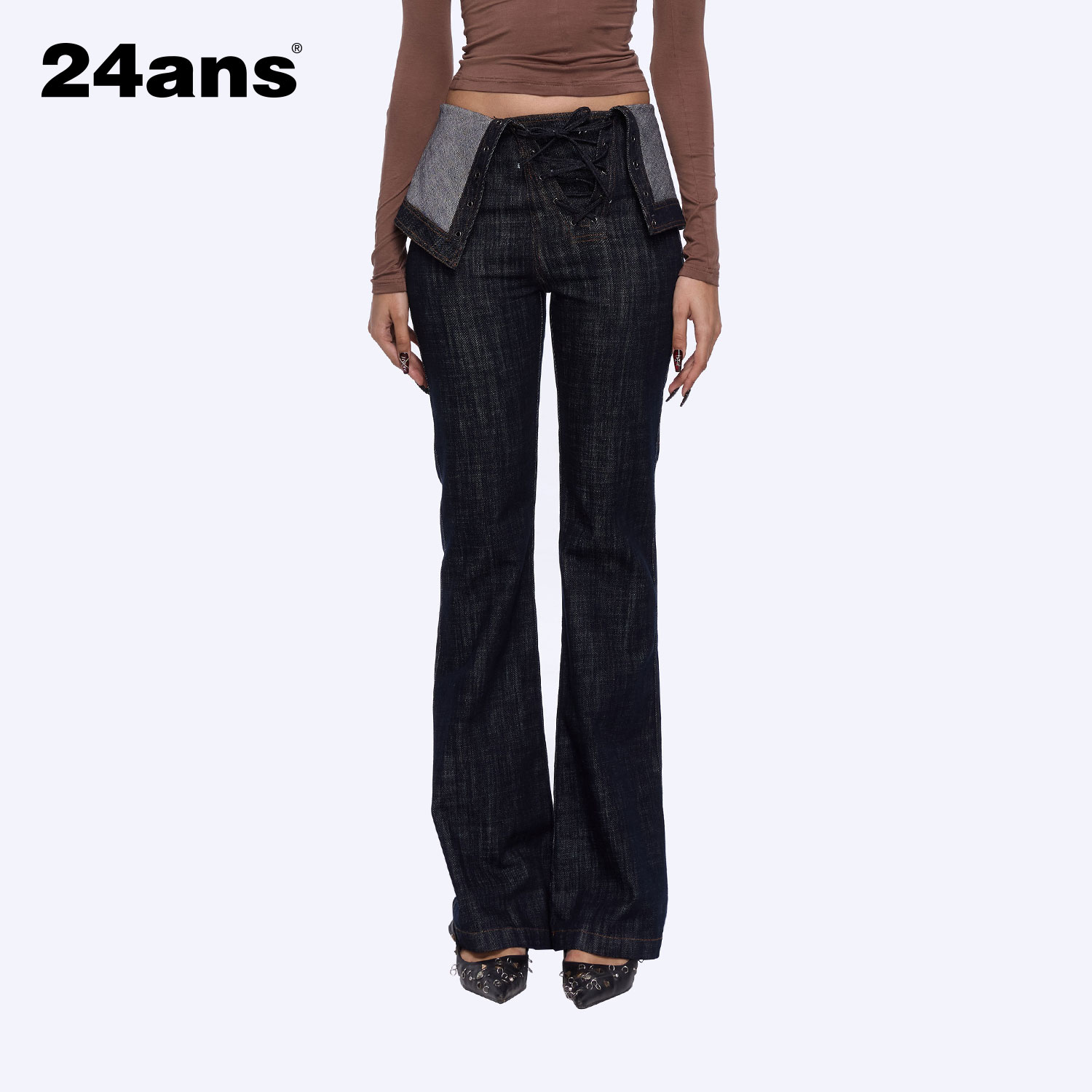 24ans Flared jeans | 绑带翻边设计水洗深色喇叭牛仔长裤