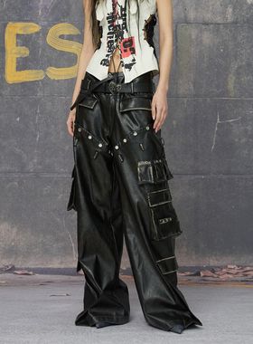 24ans ss秀款高街朋克PU机车铆钉欧美春季女皮裤