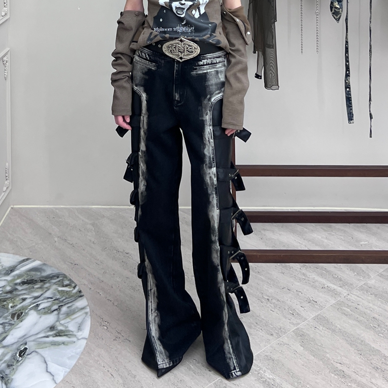 24ans拼料扣带牛仔做旧长裤