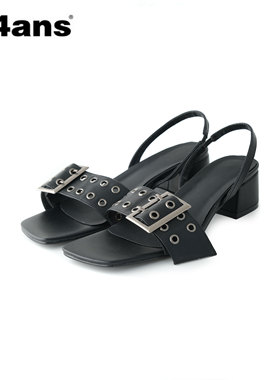 24ans One line sandals |金属扣pu一字拖方头粗跟朋克凉鞋4.2cm