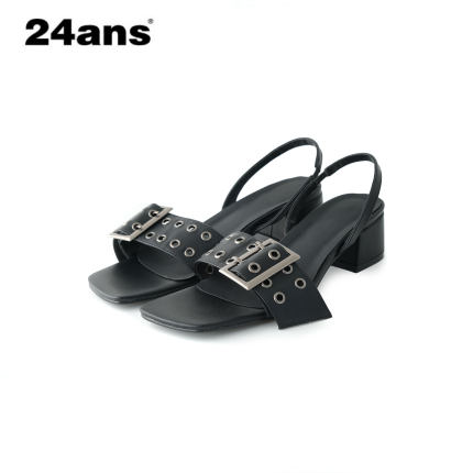 24ans One line sandals |金属扣pu一字拖方头粗跟朋克凉鞋4.2cm