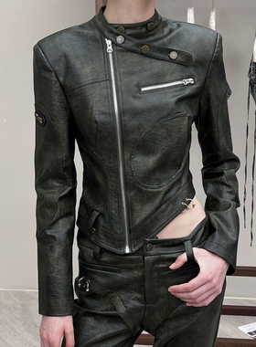 24ans 2024春新款黑色侧拉链皮衣外套排扣紧身皮裤套装女