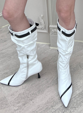 24ans 黑白撞色细跟街头褶皱尖头长靴