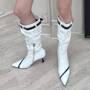 24ans 黑白撞色细跟街头褶皱尖头长靴