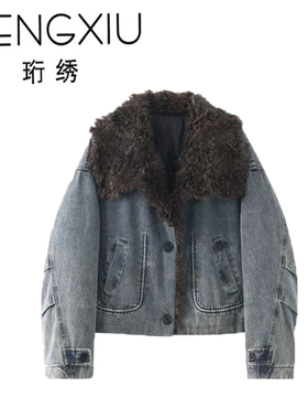 《丽丽姐专享》珩绣【90白鸭绒】高级感牛仔毛领羽绒服A280628