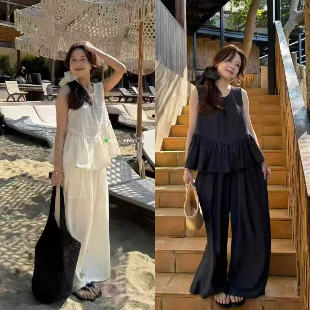 【蜜蜂欢乐社】RC韩系慵懒风无袖背心系带高腰阔腿裤套装 Q8612