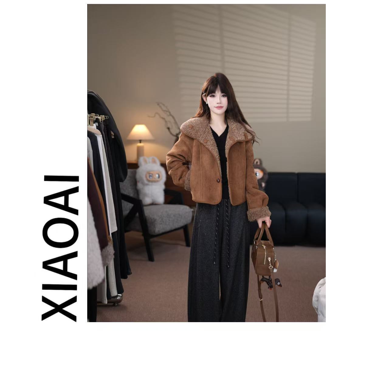 【AYY】双面穿磨砂皮翻领短款外套机车羊剪绒复合皮毛一体A2797