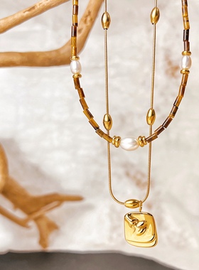 潘神斯欧秋冬新品美拉得系列项链双层天然石珍珠十字吊坠松石虎眼