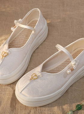 新中式国风松糕厚底布鞋女民族古风配汉服马面裙子单鞋高跟白色