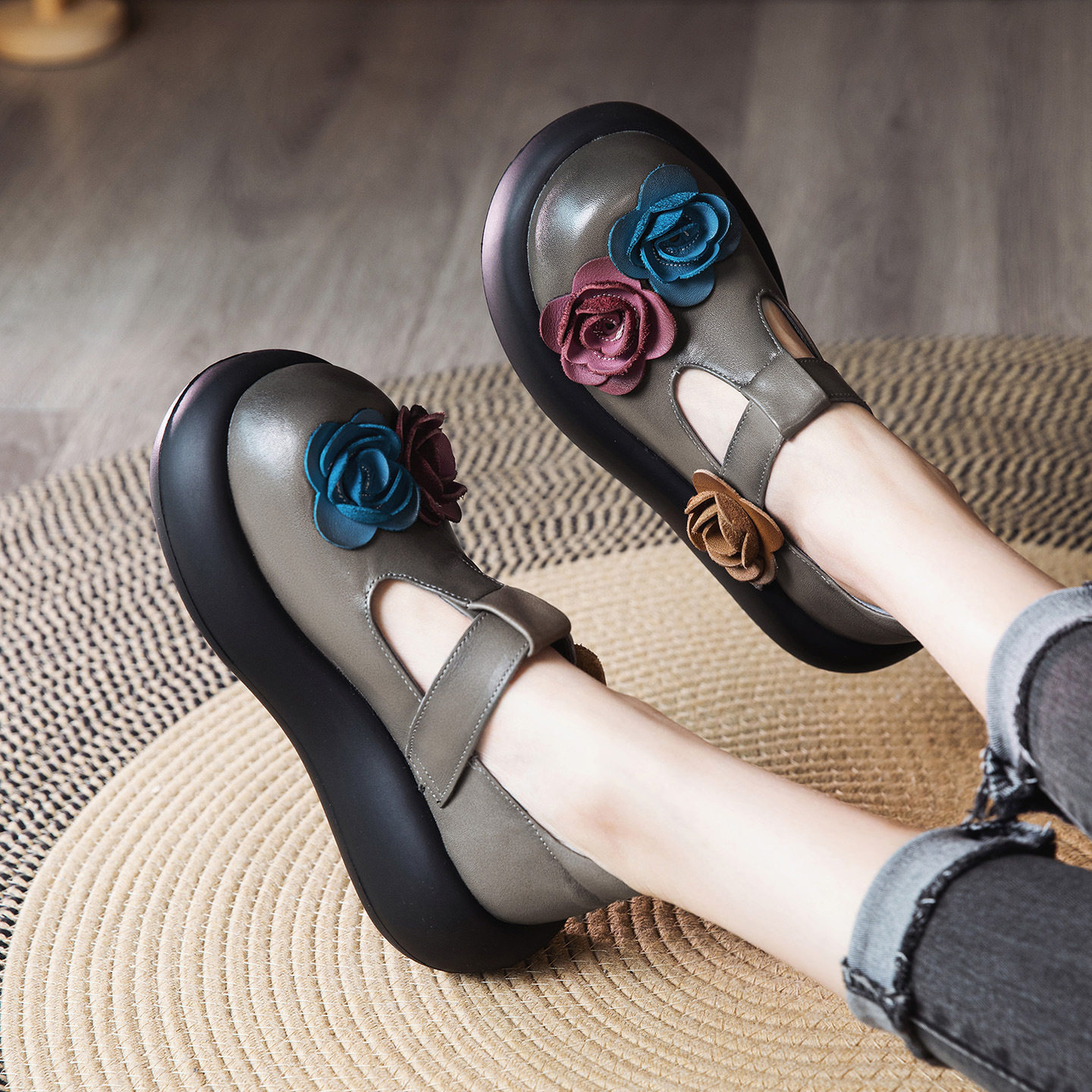 民族风文艺复古真皮厚底松糕单鞋女新款文艺花朵中跟娃娃鞋圆头