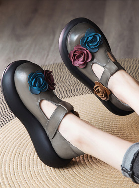 民族风文艺复古真皮厚底松糕单鞋女新款文艺花朵中跟娃娃鞋圆头