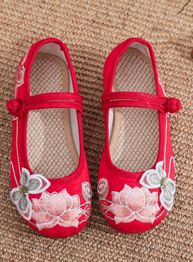 中国民族风儿童绣花鞋女汉服鞋牛筋底白色春秋布鞋古装表演演出鞋